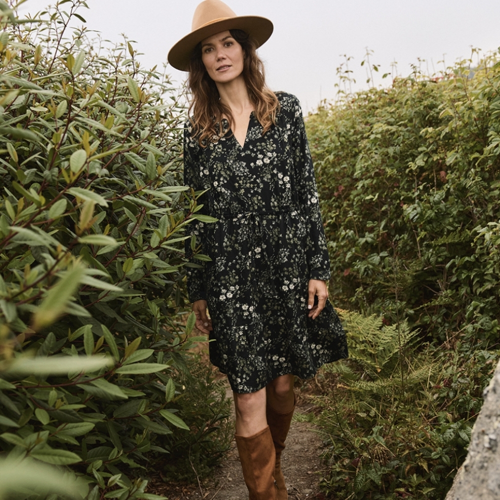NWT Pact Cafe Crepe Tiered Dress in Black Wildflowers - S